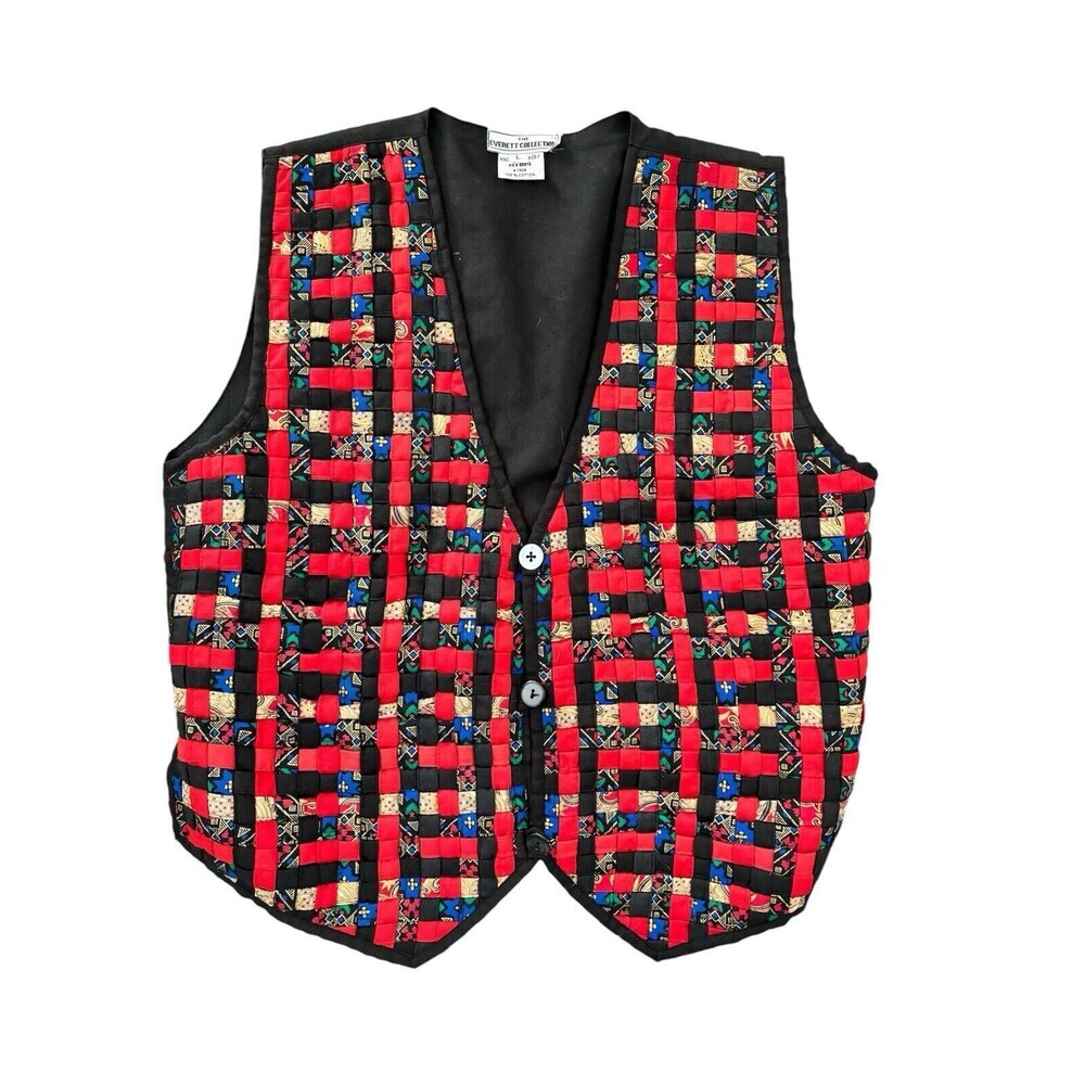 Vtg 90s Woven Quilt Vest Everett Collection, Christmas Patchwork Tie Back Sz L